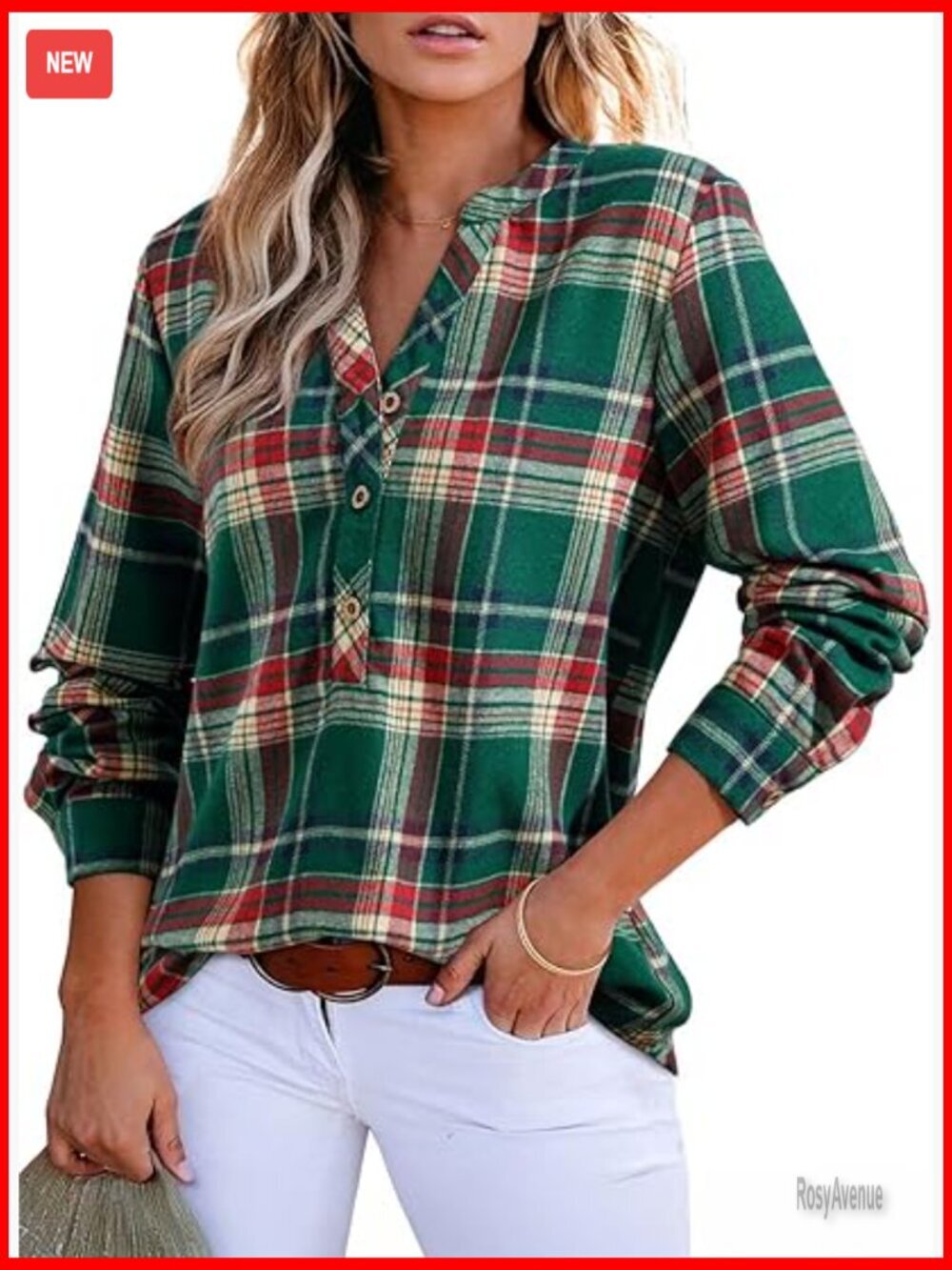 Women's V Neck Plaid Button Down Shirt Long Sleeve Blouse Casual Business Top